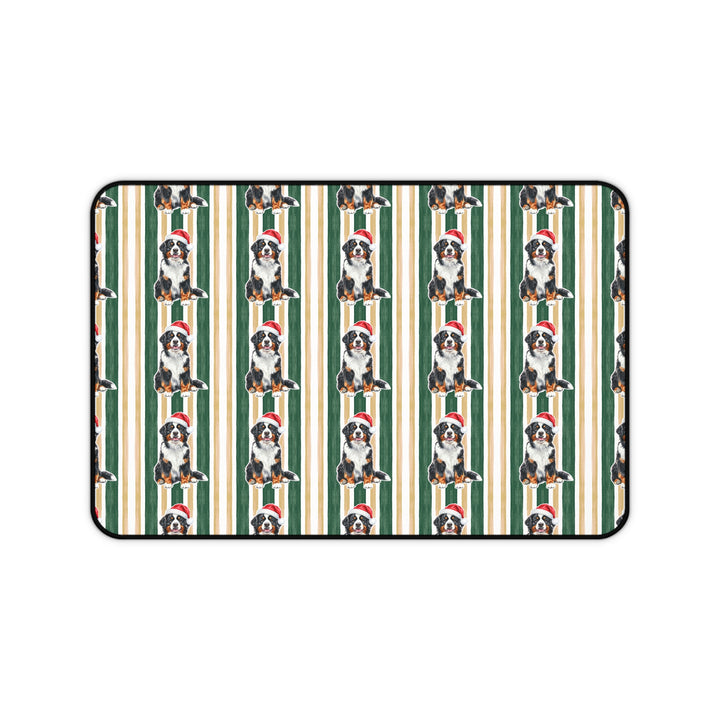 Bernese Mountain Dog Christmas Desk Mat, Green Gold Stripes, Santa Dog Desk Pad