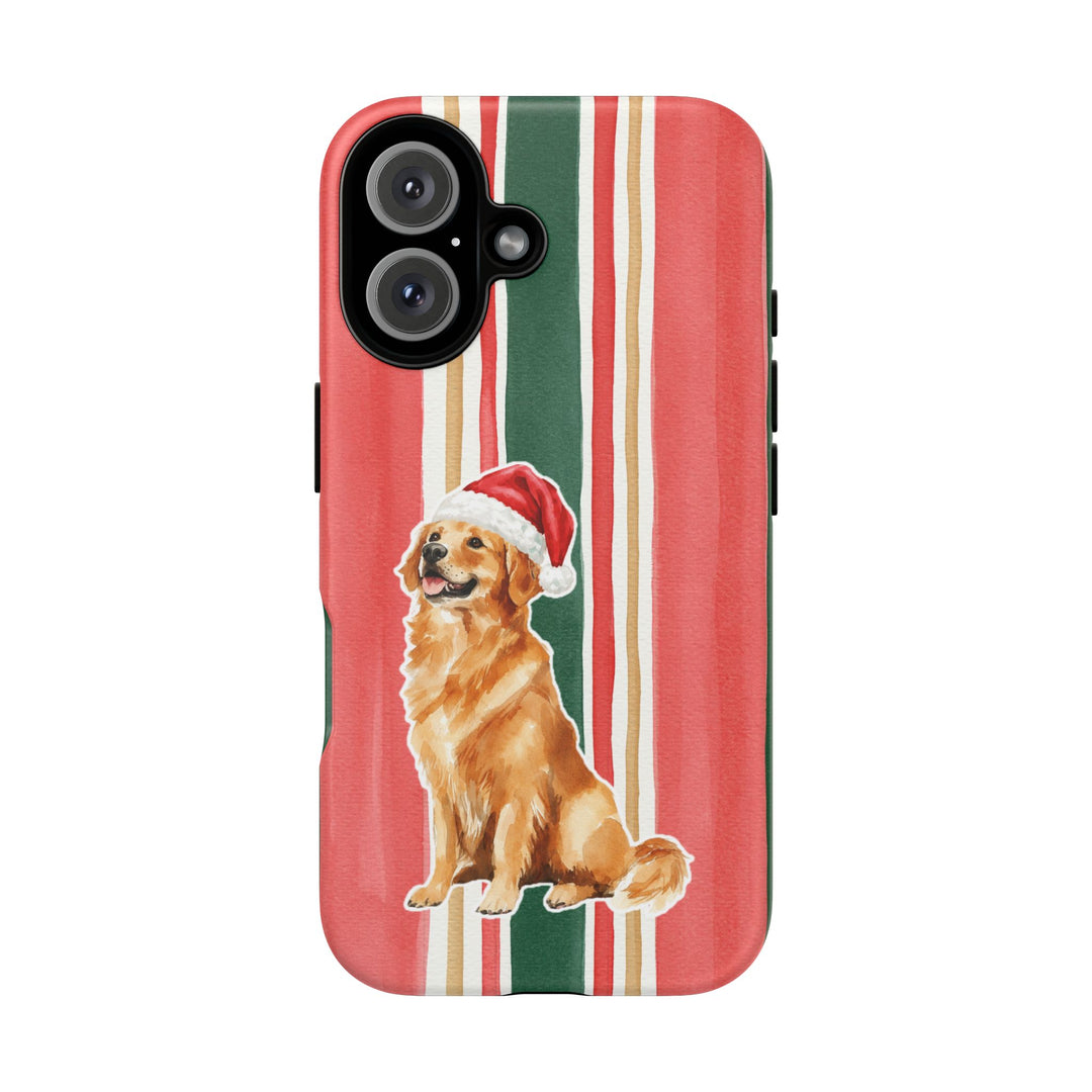 Golden Retriever Christmas Tough iPhone Case, Classic Red Green Stripes, Santa Dog Phone Cover