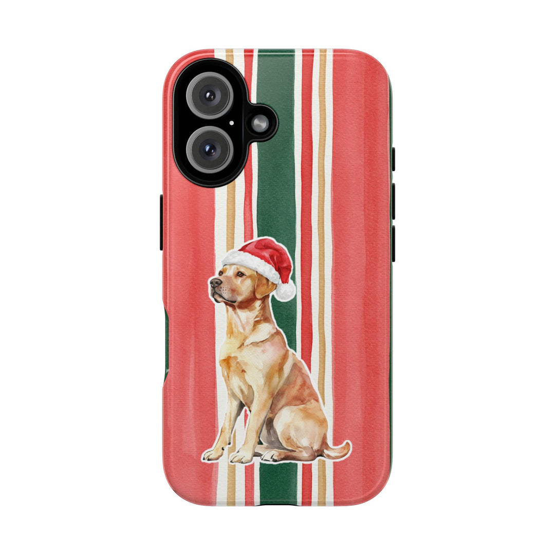 Yellow Labrador Christmas Tough iPhone Case, Classic Red Green Stripes, Santa Dog Phone Cover