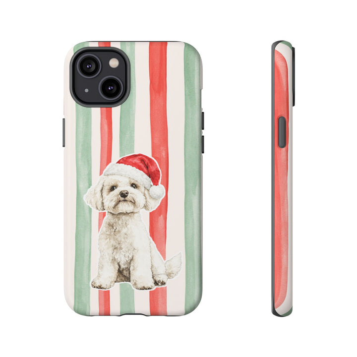 Maltese Christmas Tough iPhone Case, Red Sage Stripes, Santa Dog Phone Cover