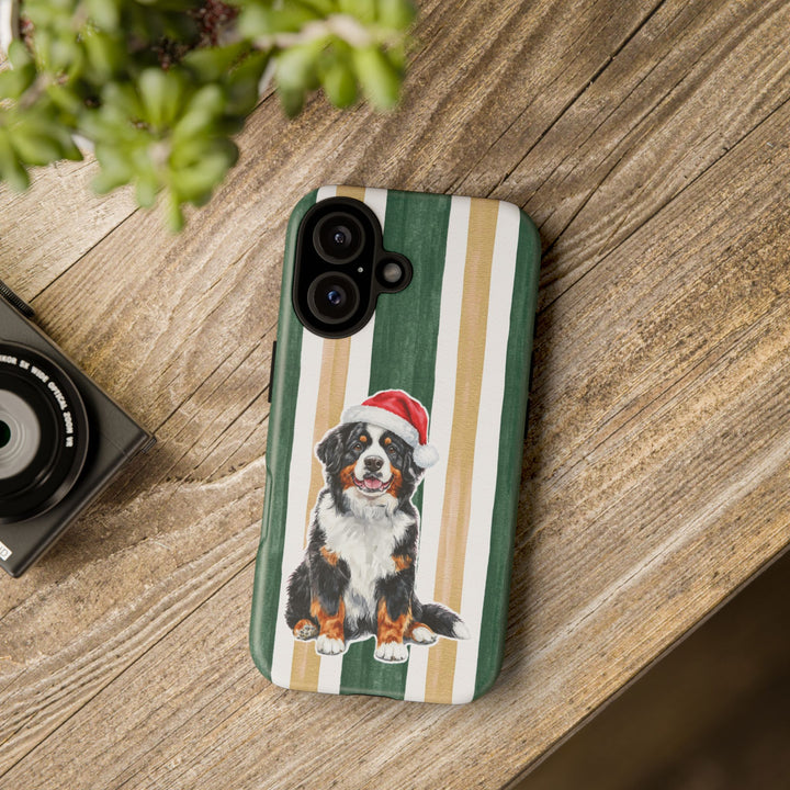 Bernese Mountain Dog Christmas Tough iPhone Case, Green Gold Stripes, Santa Dog Phone Cover