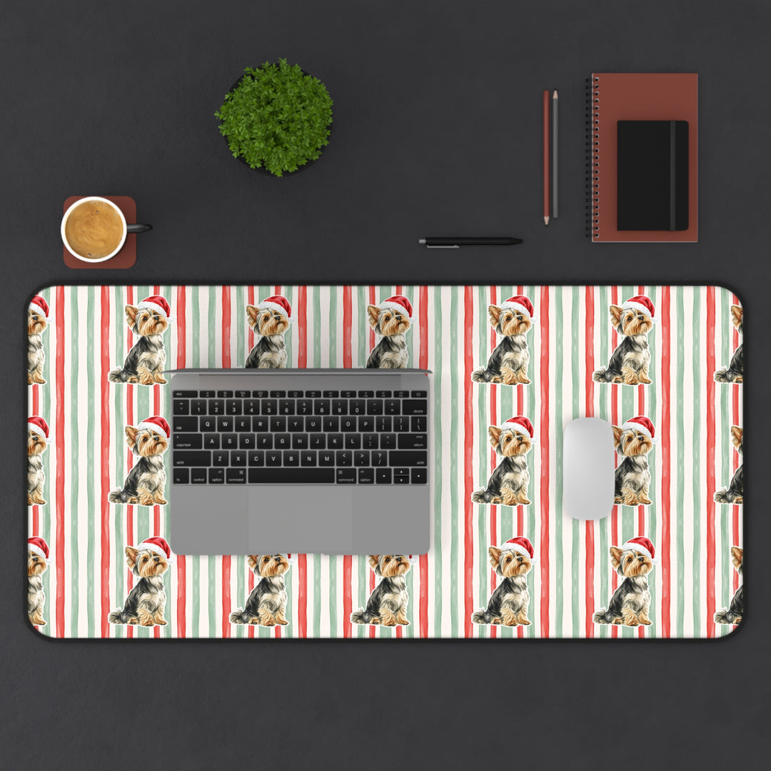 Yorkshire Terrier Christmas Desk Mat, Red Sage Stripes, Santa Dog Desk Pad