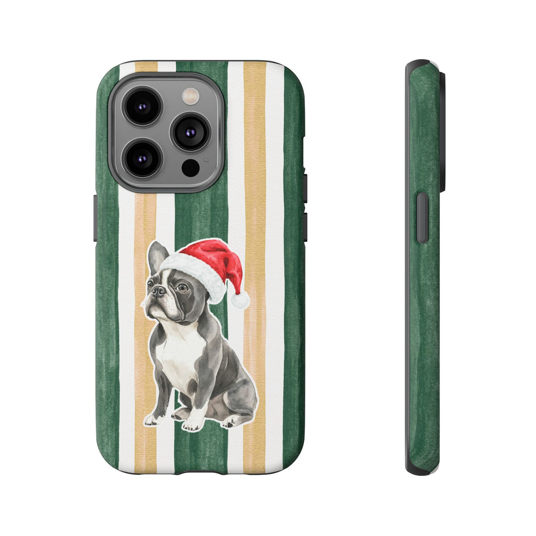French Bulldog Christmas Tough iPhone Case, Green Gold Stripes, Santa Dog Phone Cover