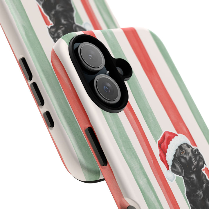 Black Labrador Christmas Tough iPhone Case, Red Sage Stripes, Santa Dog Phone Cover