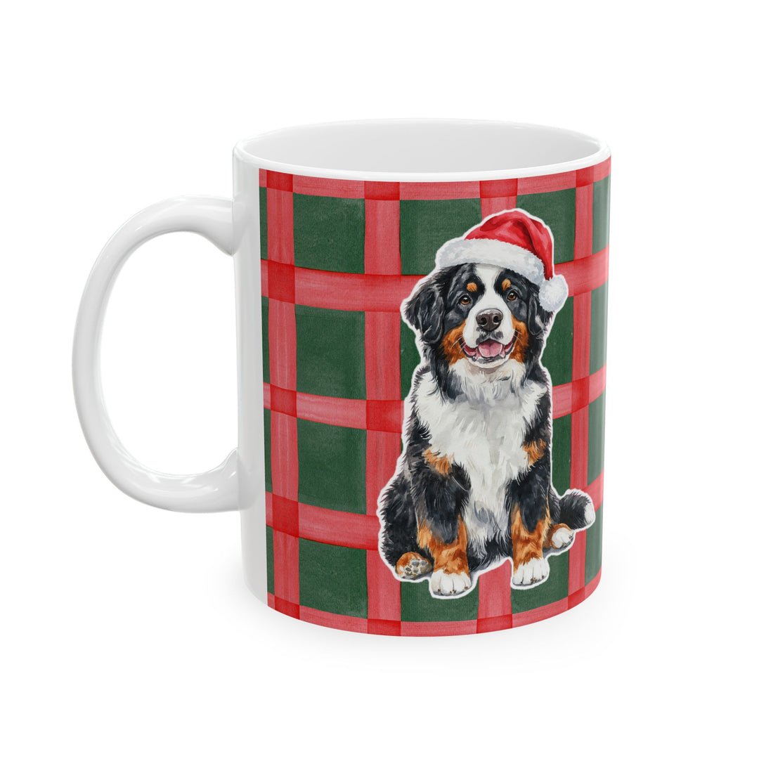 Bernese Mountain Dog Christmas Mug, Red Green Plaid, 11oz White Ceramic