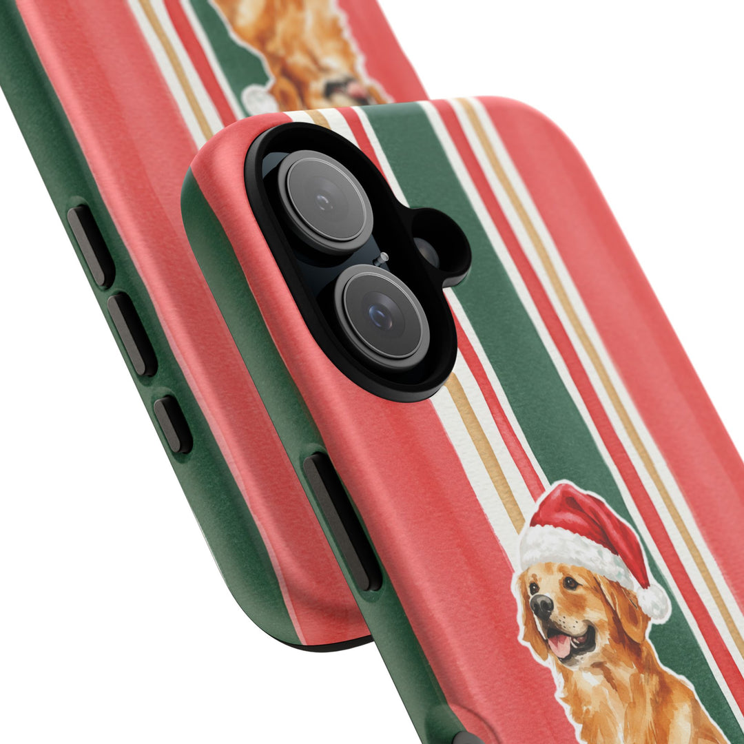 Golden Retriever Christmas Tough iPhone Case, Classic Red Green Stripes, Santa Dog Phone Cover