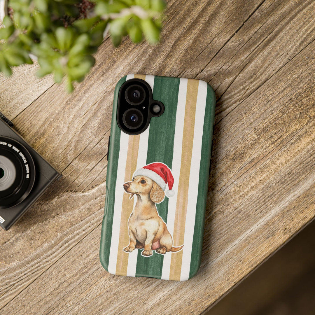 Dachshund Christmas Tough iPhone Case, Green Gold Stripes, Santa Dog Phone Cover