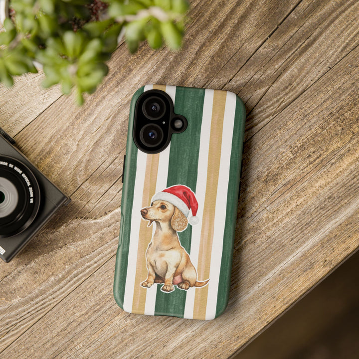 Dachshund Christmas Tough iPhone Case, Green Gold Stripes, Santa Dog Phone Cover