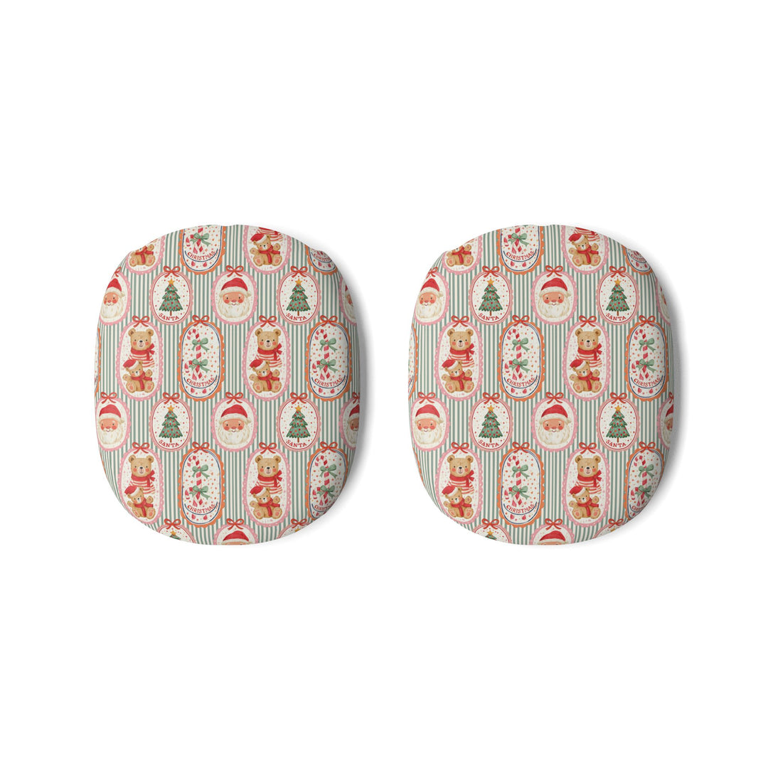 Vintage Santa Teddy Bear AirPods Max Case Covers, Christmas Ear Cup Shells, Candy Cane Holiday Pattern, Matte or Glossy