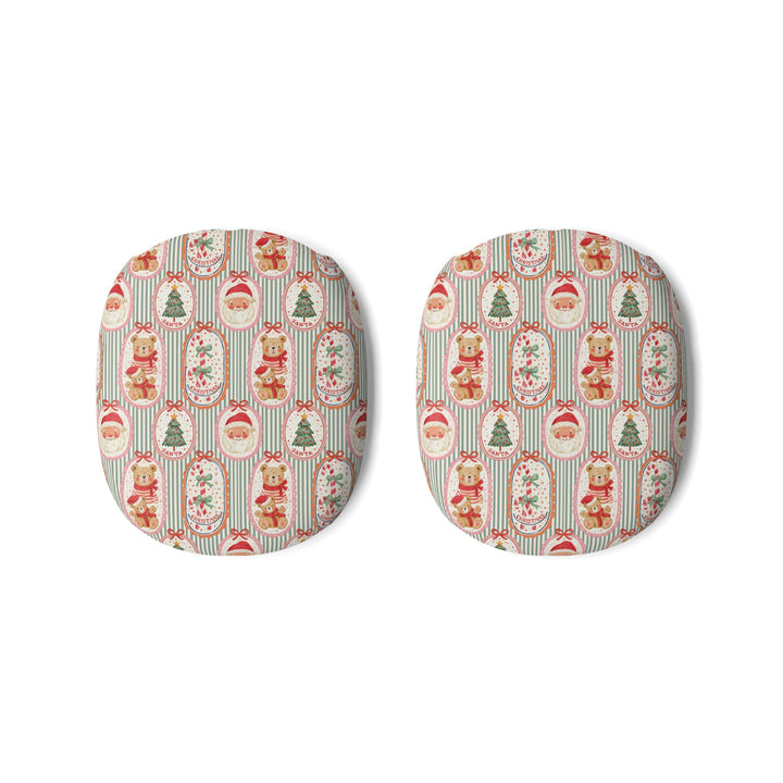 Vintage Santa Teddy Bear AirPods Max Case Covers, Christmas Ear Cup Shells, Candy Cane Holiday Pattern, Matte or Glossy