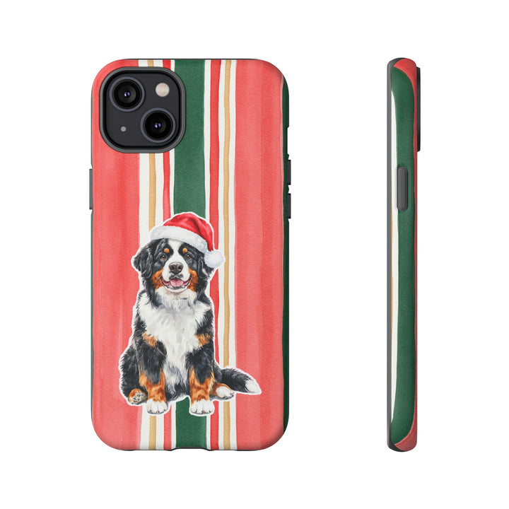 Bernese Mountain Dog Christmas Tough iPhone Case, Classic Red Green Stripes, Santa Dog Phone Cover