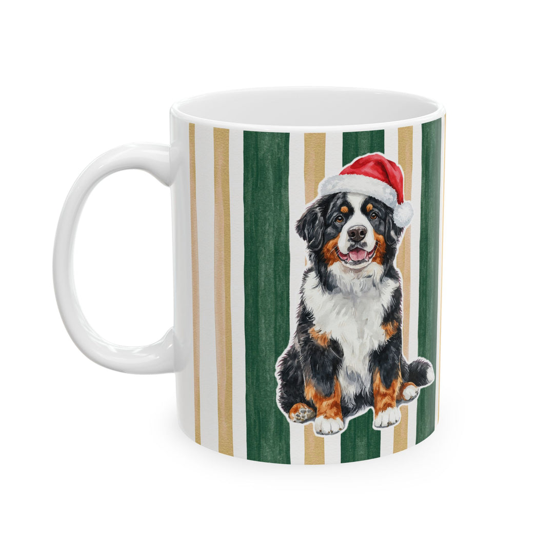 Bernese Mountain Dog Christmas Mug, Green Gold Stripes, 11oz White Ceramic