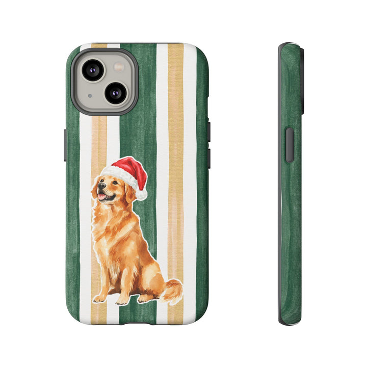 Golden Retriever Christmas Tough iPhone Case, Green Gold Stripes, Santa Dog Phone Cover