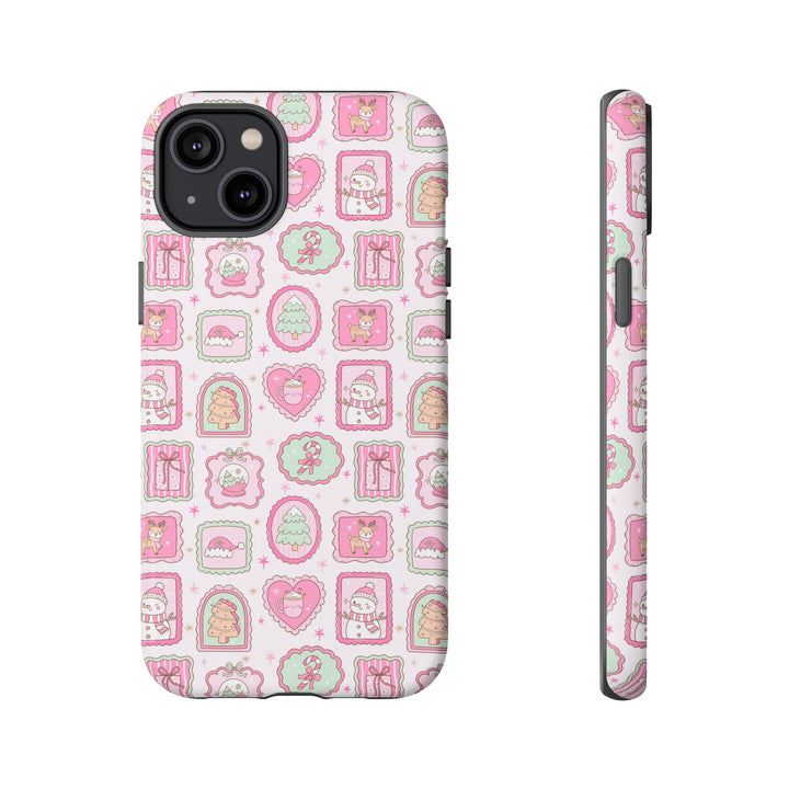 Pink Christmas Frames Tough iPhone Case, Pastel Snowman Reindeer Holiday Phone Cover, Matte or Glossy
