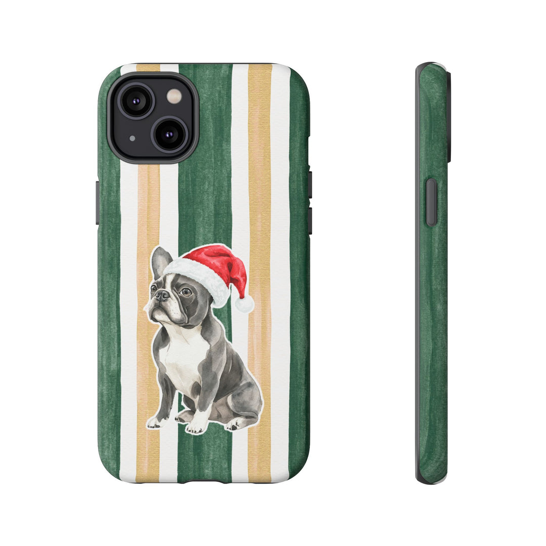 French Bulldog Christmas Tough iPhone Case, Green Gold Stripes, Santa Dog Phone Cover
