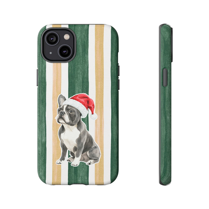 French Bulldog Christmas Tough iPhone Case, Green Gold Stripes, Santa Dog Phone Cover