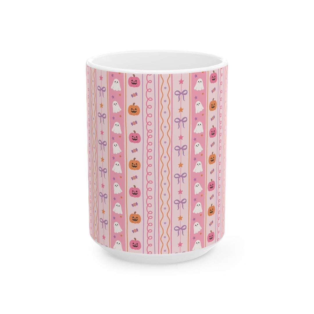 Pastel Halloween Pumpkin Ghost Ceramic Mug, Pink Candy Bow Stripe Coffee Cup, Cute Spooky Gift, 11oz and 15oz