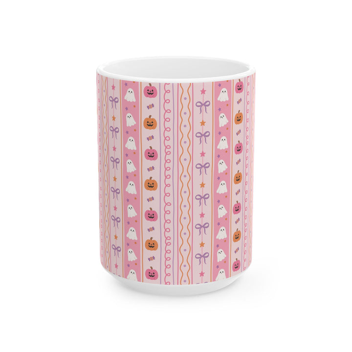 Pastel Halloween Pumpkin Ghost Ceramic Mug, Pink Candy Bow Stripe Coffee Cup, Cute Spooky Gift, 11oz and 15oz