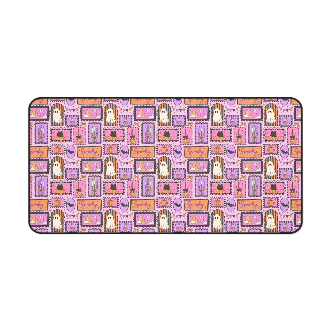 Pink Halloween Frames Desk Mat, Spooky Ghost Black Cat and Pumpkin Desk Pad, Pastel Witchy Large Mouse Pad