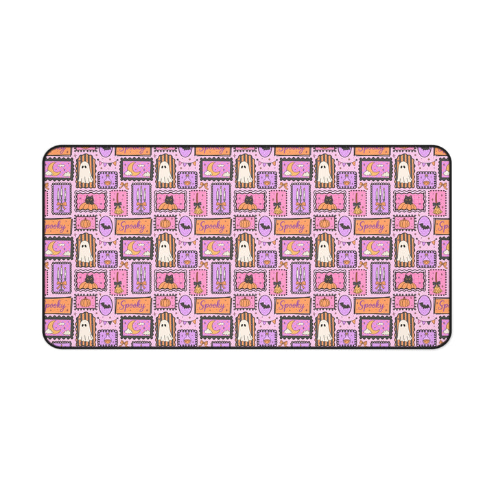 Pink Halloween Frames Desk Mat, Spooky Ghost Black Cat and Pumpkin Desk Pad, Pastel Witchy Large Mouse Pad