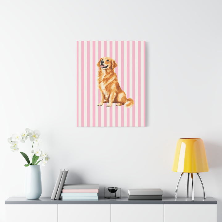 Golden Retriever Canvas Wall Art, Pink Stripe Stretched Canvas, Golden Retriever Mom Gift