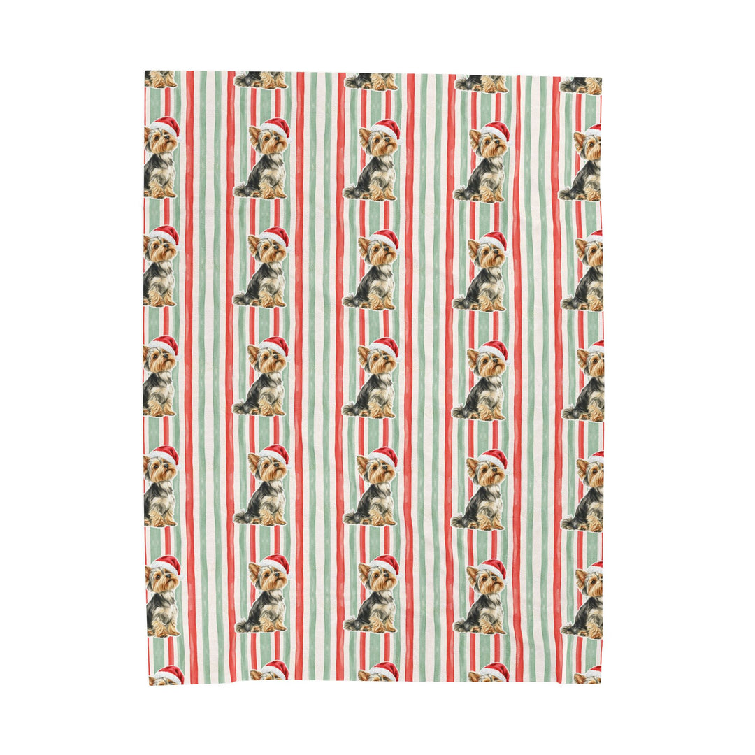 Yorkshire Terrier Christmas Velveteen Plush Blanket, Red Sage Stripes, Santa Dog Throw