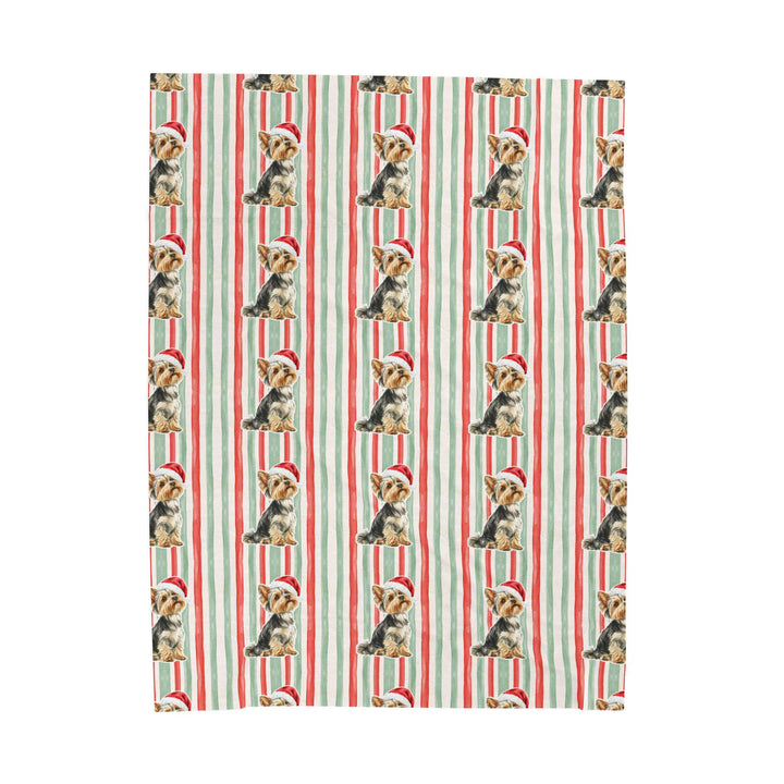 Yorkshire Terrier Christmas Velveteen Plush Blanket, Red Sage Stripes, Santa Dog Throw