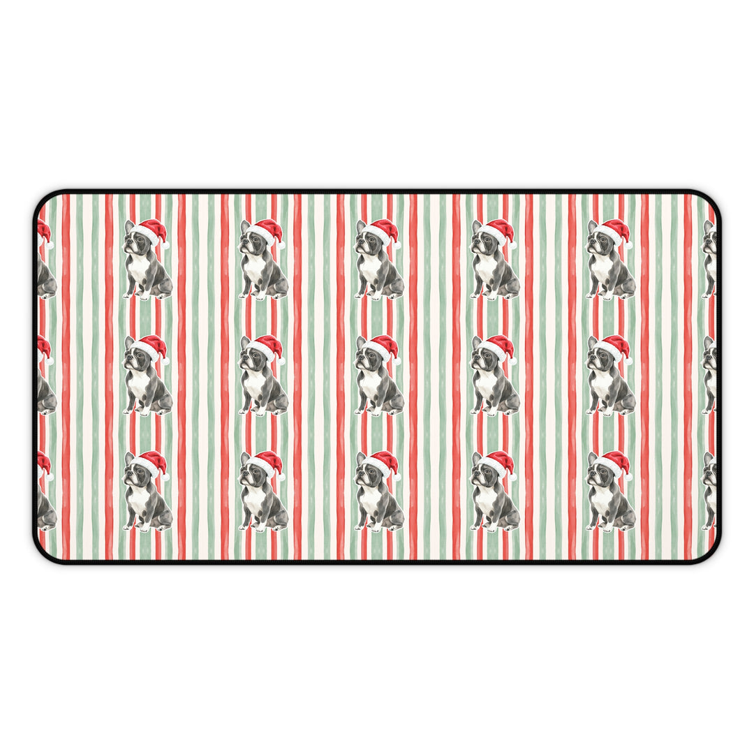 French Bulldog Christmas Desk Mat, Red Sage Stripes, Santa Dog Desk Pad