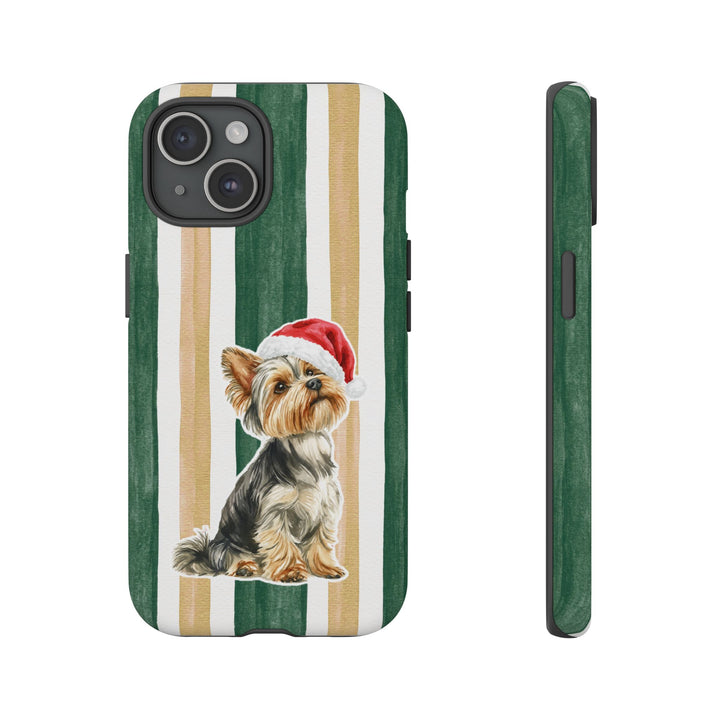 Yorkshire Terrier Christmas Tough iPhone Case, Green Gold Stripes, Santa Dog Phone Cover