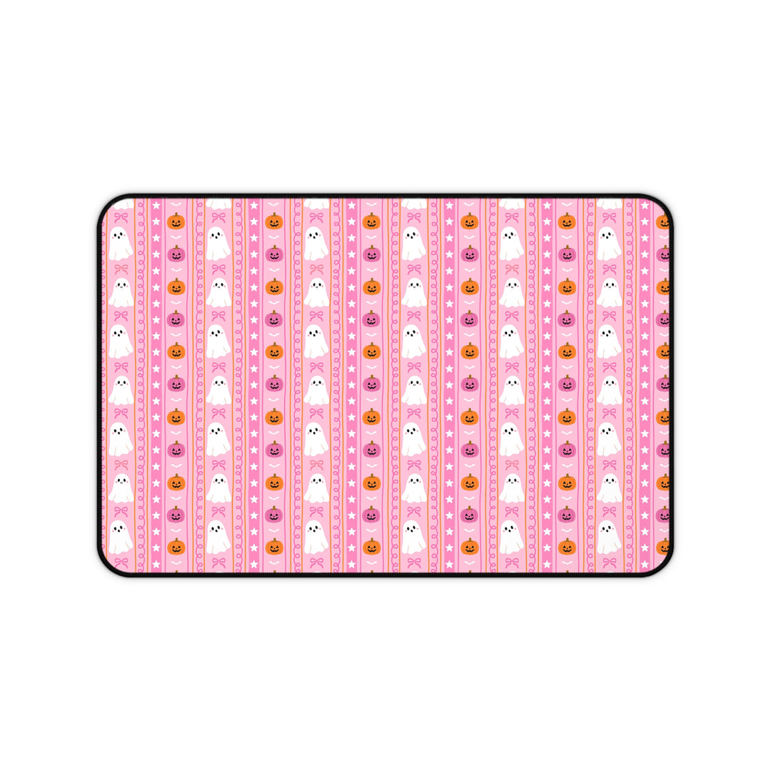 Pink Ghost Stripe Desk Mat, Cute Halloween Pumpkin and Bow Desk Pad, Spooky Large Mouse Pad