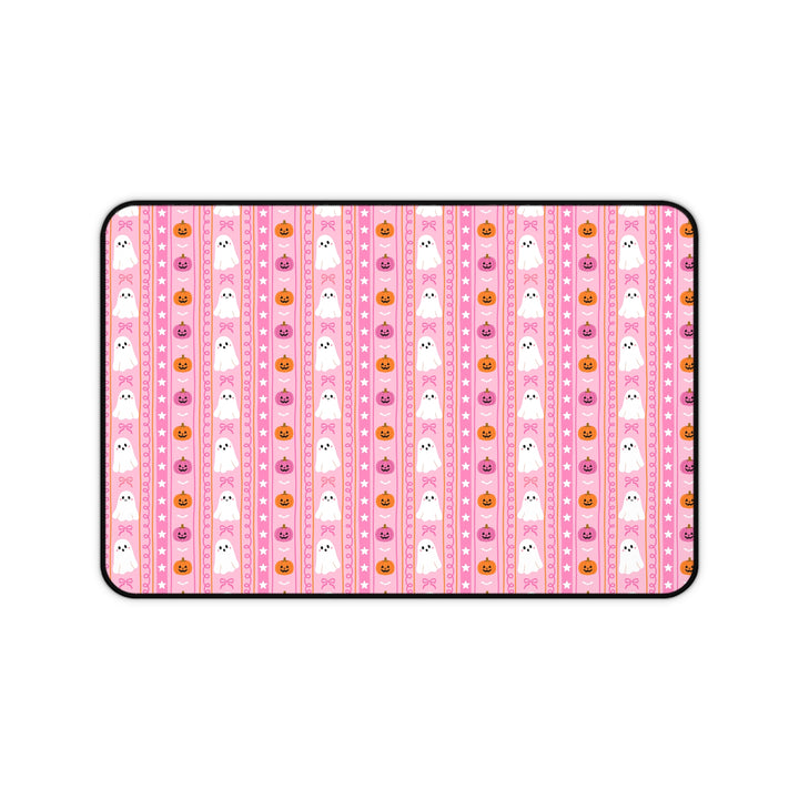 Pink Ghost Stripe Desk Mat, Cute Halloween Pumpkin and Bow Desk Pad, Spooky Large Mouse Pad