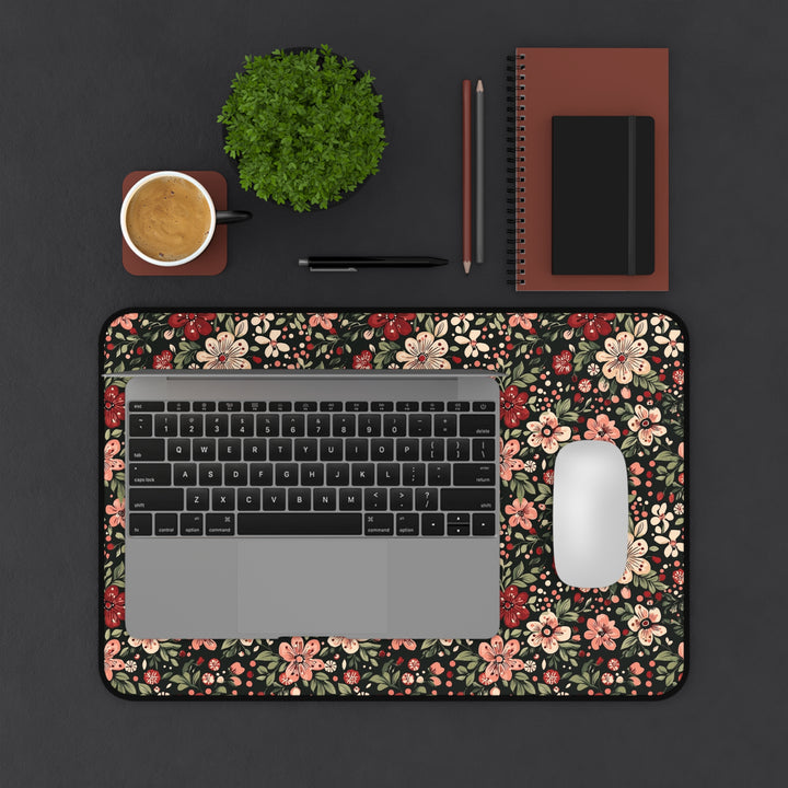 Retro Christmas Floral Desk Mat, Dark Botanical Holiday Desk Pad, Pink and Red Flower Office Decor