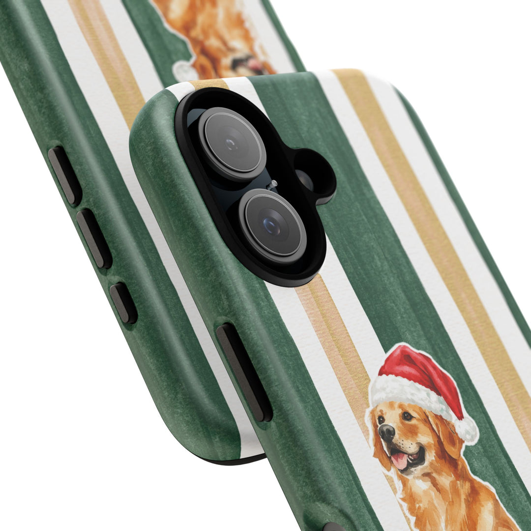 Golden Retriever Christmas Tough iPhone Case, Green Gold Stripes, Santa Dog Phone Cover