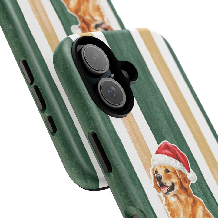 Golden Retriever Christmas Tough iPhone Case, Green Gold Stripes, Santa Dog Phone Cover