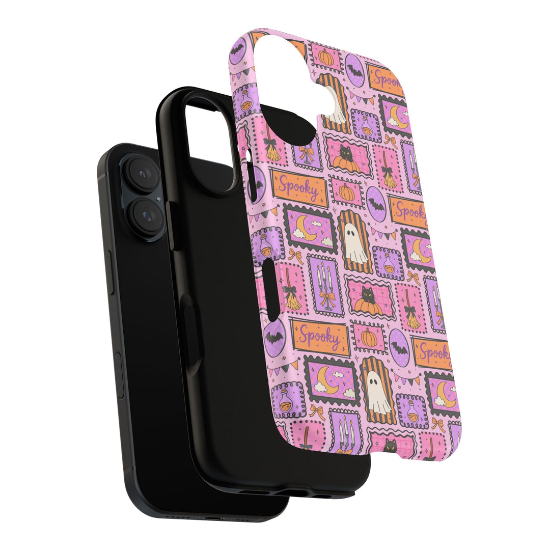 Pink Spooky Frames Tough iPhone Case, Halloween Ghost Black Cat Pumpkin Phone Cover, Matte or Glossy