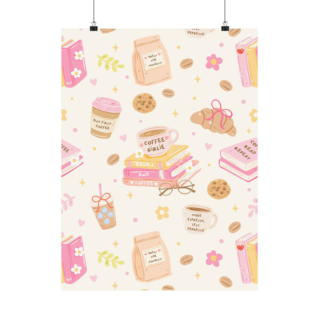 Coffee and Books Matte Vertical Poster, Pastel Pink Bookish Wall Art, Reading Nook Decor