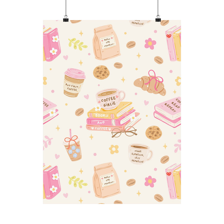 Coffee and Books Matte Vertical Poster, Pastel Pink Bookish Wall Art, Reading Nook Decor