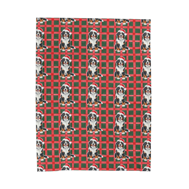 Bernese Mountain Dog Christmas Velveteen Plush Blanket, Red Green Plaid, Santa Dog Throw