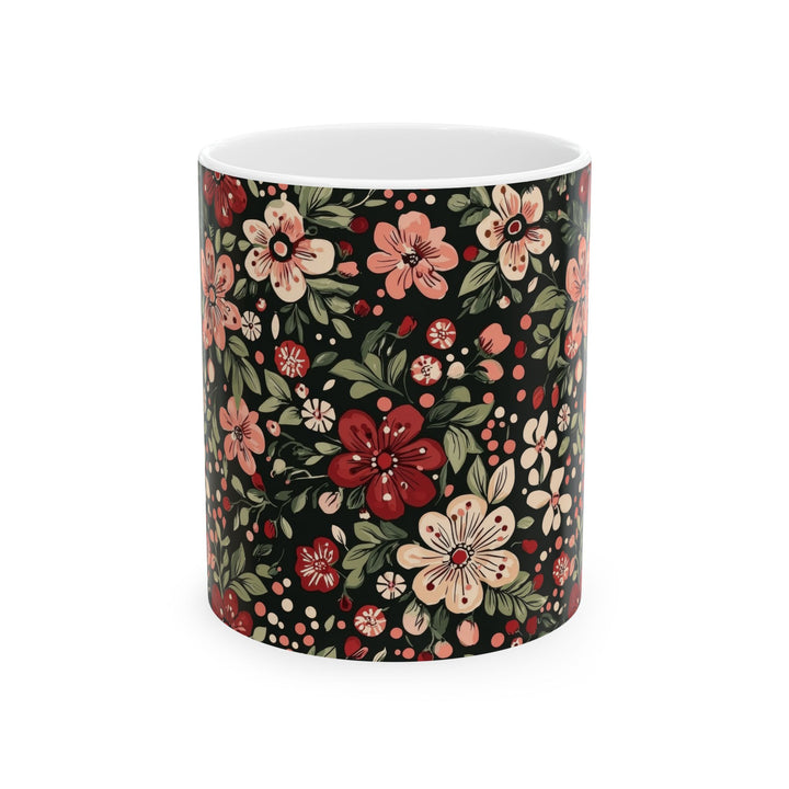 Retro Floral Ceramic Mug, Dark Botanical Coffee Cup, Pink Red Flower Tea Mug, Christmas Gift, 11oz 15oz