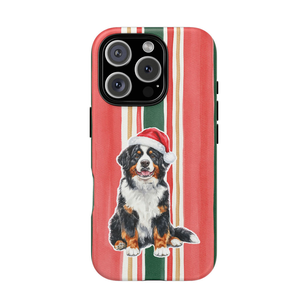 Bernese Mountain Dog Christmas Tough iPhone Case, Classic Red Green Stripes, Santa Dog Phone Cover