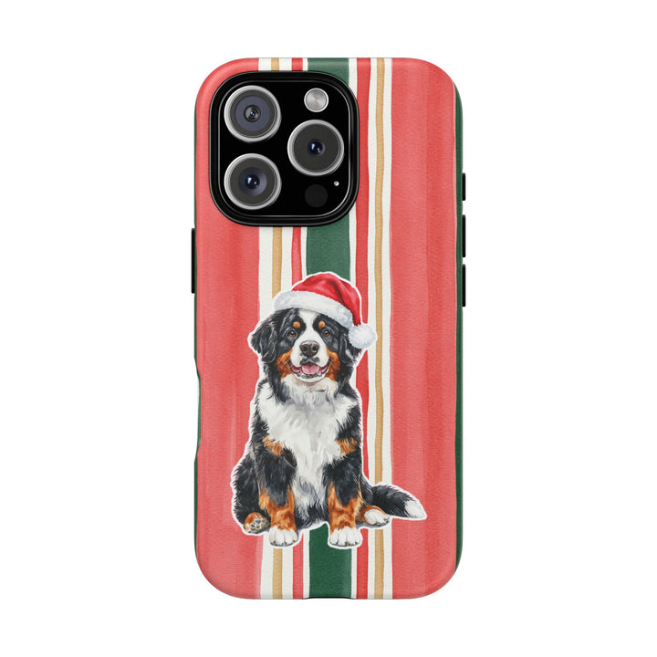 Bernese Mountain Dog Christmas Tough iPhone Case, Classic Red Green Stripes, Santa Dog Phone Cover