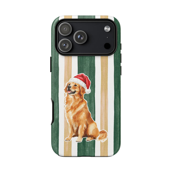 Golden Retriever Christmas Tough iPhone Case, Green Gold Stripes, Santa Dog Phone Cover