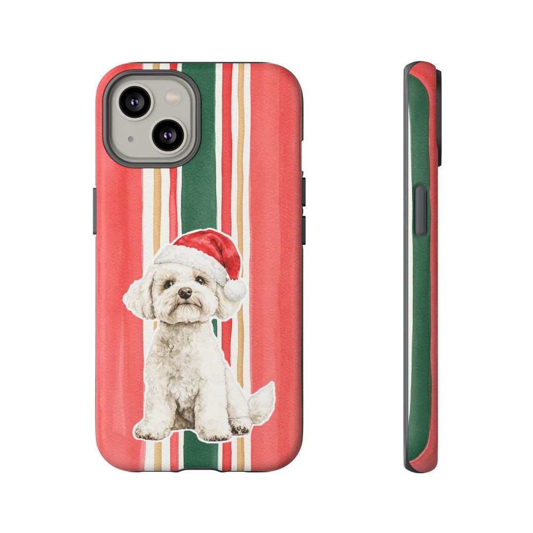 Maltese Christmas Tough iPhone Case, Classic Red Green Stripes, Santa Dog Phone Cover