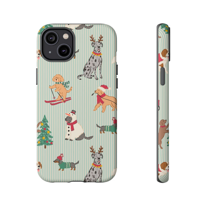 Christmas Dogs Tough iPhone Case, Green Stripe Holiday Dog Phone Cover, Matte or Glossy