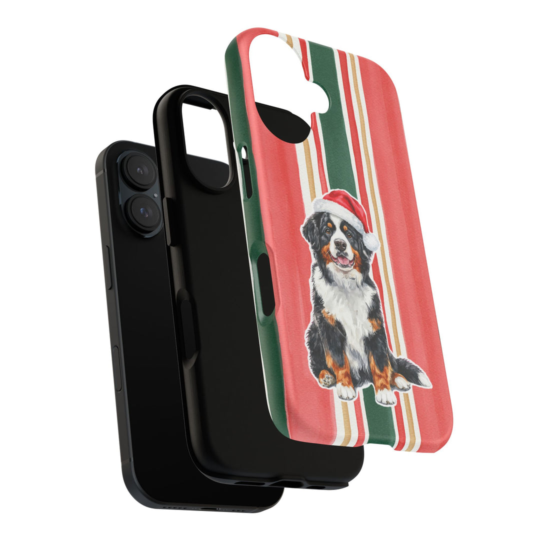 Bernese Mountain Dog Christmas Tough iPhone Case, Classic Red Green Stripes, Santa Dog Phone Cover
