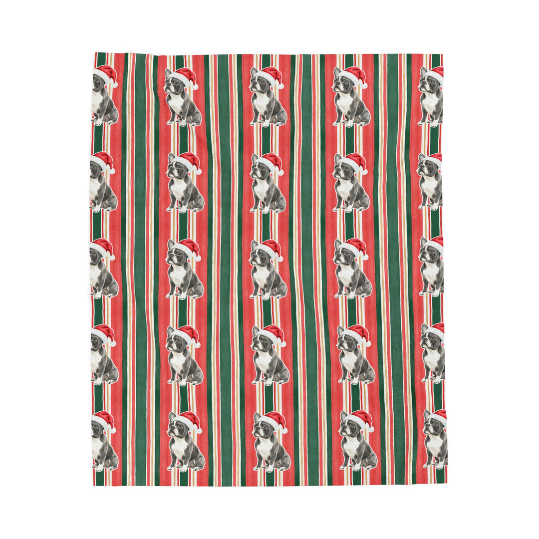 French Bulldog Christmas Velveteen Plush Blanket, Classic Red Green Stripes, Santa Dog Throw