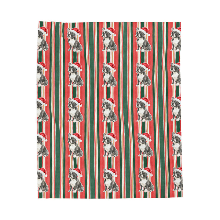 French Bulldog Christmas Velveteen Plush Blanket, Classic Red Green Stripes, Santa Dog Throw