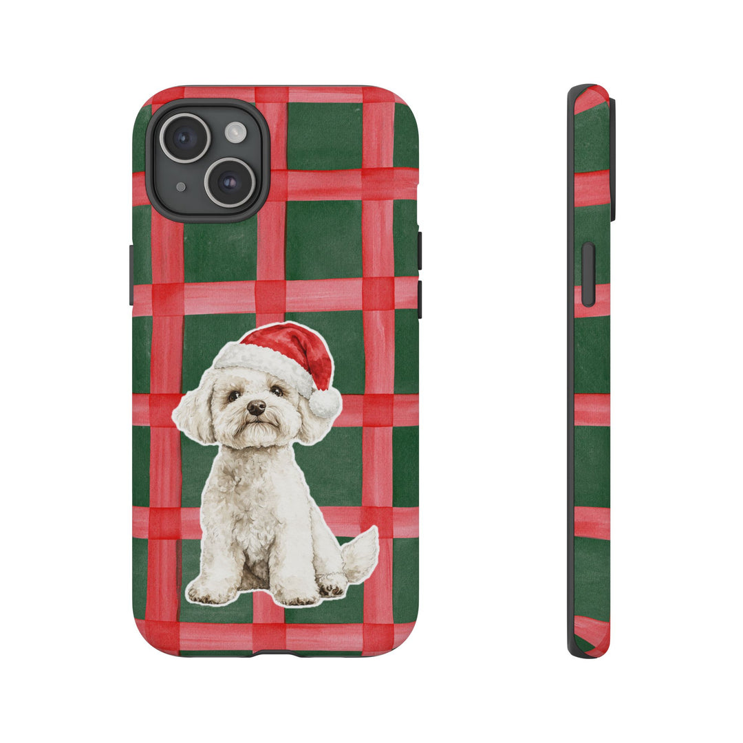 Maltese Christmas Tough iPhone Case, Red Green Plaid, Santa Dog Phone Cover