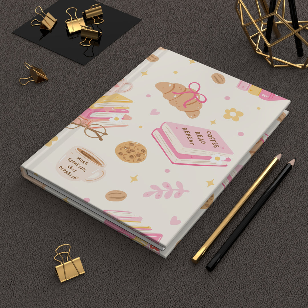 Coffee and Books Hardcover Notebook, Pastel Pink Lined Journal, Matte Book Lover Gift