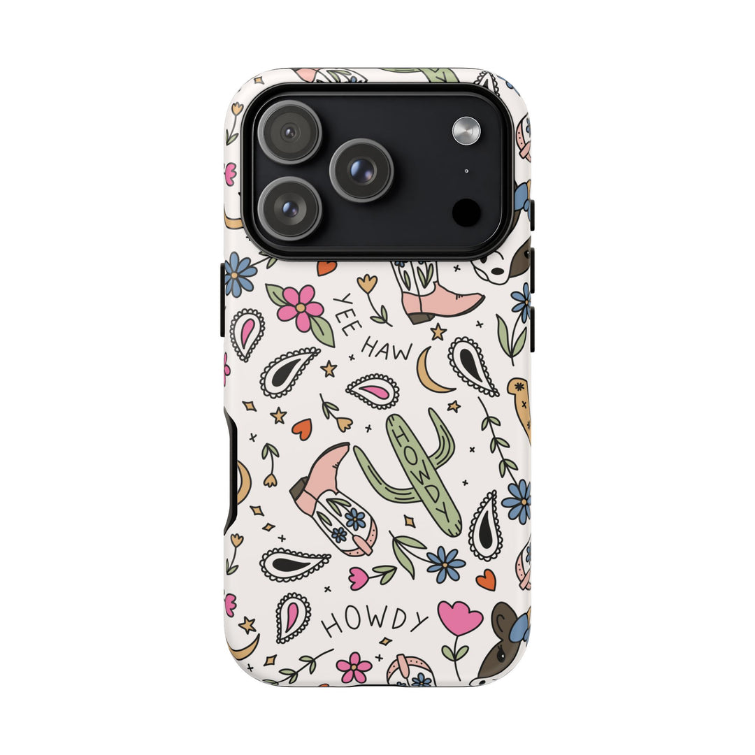 Western Cowgirl Tough iPhone Case, Pink Cowboy Boots and Howdy Phone Cover, Matte or Glossy